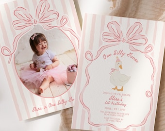 One Silly Goose Birthday Invitation Template, Editable Girl 1st Birthday Pink Printable Invite, Pink Bow, Goose First Birthday, Goose Invite