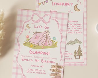 Let's Go Glamping Birthday Invitation, Camping Sleepover Slumber Party Camping Editable Pink Camping Birthday