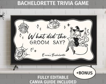 What Did The Groom Say Bachelorette Trivia Game, Bach Drinking Game, Halloween Bachelorette Guess Who Said It Canva Template Witch Bach C1