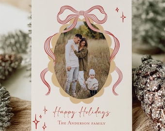 Holiday Photo Card Template | Christmas Bow Stripe Family Photo Card | Editable Happy Holidays Template | Instant Download