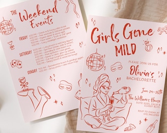 Girls Gone Mild Bachelorette Itinerary Template, Editable Girls Night Invitation, Hand Drawn Slumber Party, Pajama Party Invitation, Spa day
