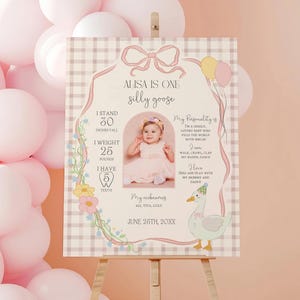 Modelo de quadro de marcos One Silly Goose, decoração de estatísticas de marcos para impressão de 1º aniversário de menina Goose editável, primeiro aniversário de Goose S2
