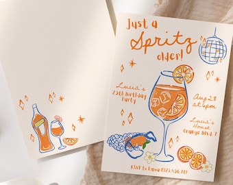 Spritz Birthday Party Invitation Template, Hand Drawn Aperol Spritz Birthday Invite, Citrus Birthday Invite, Dinner Celebration Invite A8