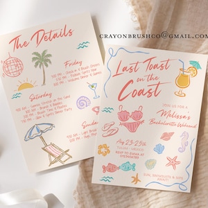 Last Toast On The Coast Bachelorette Party Invitation and Itinerary Template, Coastal Beach Bach Weekend Events, Beach Bachelorette Invite