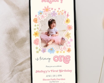 Invitación de cumpleaños con foto de flores silvestres, Invitación de cumpleaños para niña con flores silvestres, Invitación de cumpleaños floral editable para móvil A4