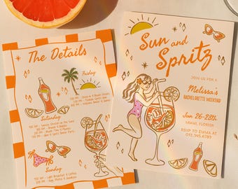 Sun and Spritz Bachelorette Invite & Itinerary Template, Editable Hand Drawn Cocktail Party, Tropical Beach Bridal Shower, spritz invitation