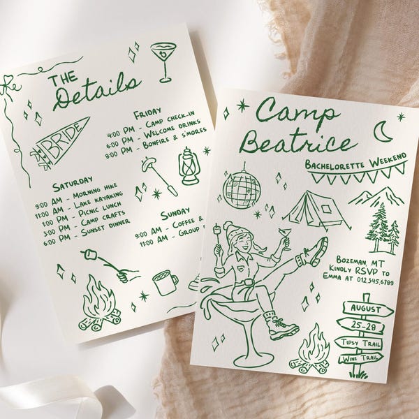 Camp Bachelorette Party Invitation and Itinerary Template, Mountain Bachelorette Girls Trip Glamping, Last Trail Before The Veil, Camp Bach