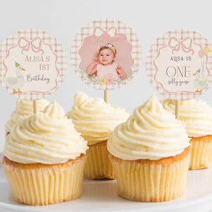 One Silly Goose Cupcake Toppers Template, Editable Printable Girl Goose 1st Birthday Party Cupcake Decor, Goose First Birthday, S2