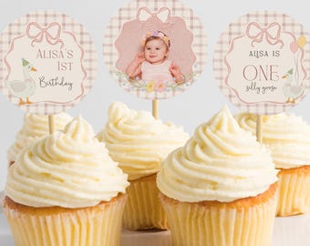 Plantilla para adornos de cupcakes de ganso gracioso, decoración editable e imprimible para cupcakes de fiesta de primer cumpleaños de niña con temática de ganso, primer cumpleaños de ganso, S2