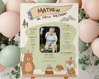 Estadísticas de cumpleaños de un campista feliz, letrero de feliz cumpleaños para el primer cumpleaños de un niño, estadísticas de cumpleaños editables, primer cumpleaños de camping
