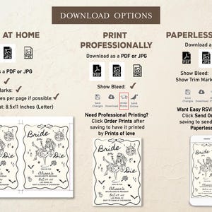 Pode incluir: Op&ccedil;&otilde;es de download para um convite de despedida de solteira. As op&ccedil;&otilde;es incluem impress&atilde;o em casa, impress&atilde;o profissional e op&ccedil;&otilde;es sem papel. O design do convite apresenta uma ilustra&ccedil;&atilde;o da noiva com o texto "Bride or Die".