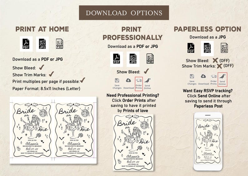 Pode incluir: Op&ccedil;&otilde;es de download para um convite de despedida de solteira. As op&ccedil;&otilde;es incluem impress&atilde;o em casa, impress&atilde;o profissional e op&ccedil;&otilde;es sem papel. O design do convite apresenta uma ilustra&ccedil;&atilde;o da noiva com o texto "Bride or Die".