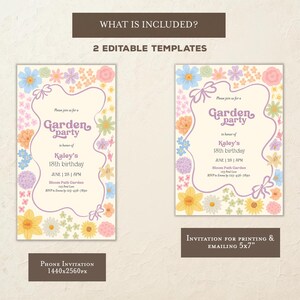 May include: Two editable templates for a garden party invitation. The invitation features a floral design with a light pink, yellow, and blue color scheme. The text on the invitation reads "Garden Party" in a retro font. The invitation is for printing and emailing and is 5x7 inches.