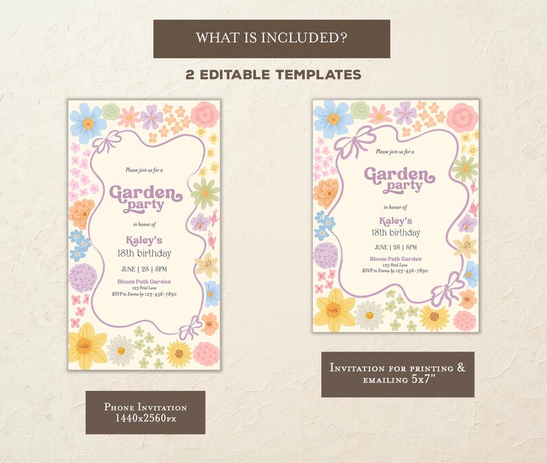 May include: Two editable templates for a garden party invitation. The invitation features a floral design with a light pink, yellow, and blue color scheme. The text on the invitation reads "Garden Party" in a retro font. The invitation is for printing and emailing and is 5x7 inches.