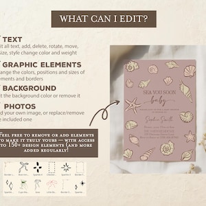 May include: A baby shower invitation with a mauve background and seashell illustrations. The text reads "Sea You Soon Baby" with event details. The design includes editable text, graphic elements, and background options.