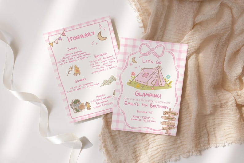 May include: Two pink and white gingham-patterned cards with camping-themed illustrations. One card reads "ITINERARY" with a schedule. The other card says "Let's Go Glamping!" and invites guests to a birthday party. The cards are on a white surface.
