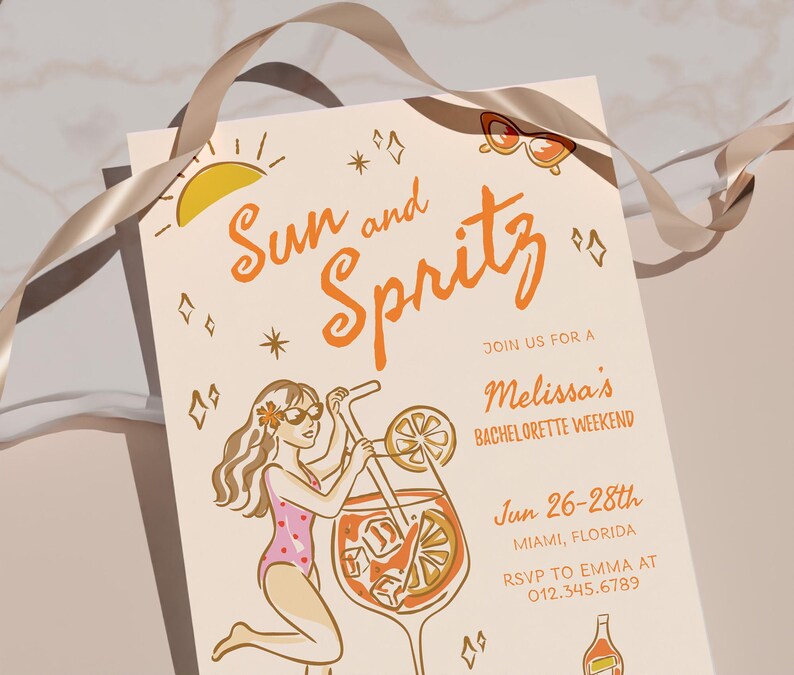 Puede incluir: Una invitaci&oacute;n a una despedida de soltera con una ilustraci&oacute;n de dibujos animados de una mujer en traje de ba&ntilde;o sosteniendo una copa de Aperol Spritz. El texto dice "Sun and Spritz, Join us for a Melissa's Bachelorette Weekend, Jun 26-28th, Miami, Florida, RSVP to Emma at 012.345.6789".