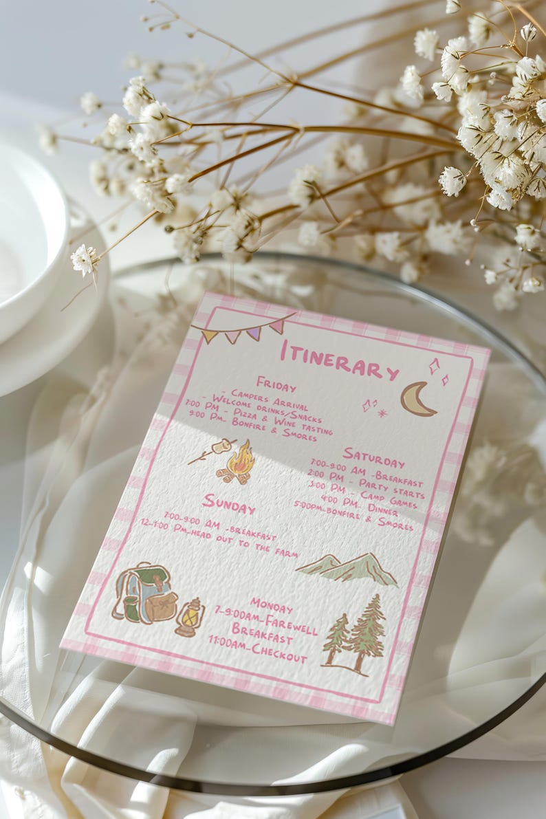 May include: A pink and white checkered itinerary card with hand-drawn illustrations of a campfire, backpack, mountains, and trees. The card lists daily activities, including camp games, pizza, and a farewell breakfast.
