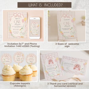 May include: A set of printable party decorations for a first birthday party. The set includes a 5x7 inch invitation, a phone invitation, a welcome sign in three sizes, cupcake toppers with four designs, and two thank you cards in vertical and horizontal versions. The theme is a pink and white gingham pattern with a cute duckling illustration.
