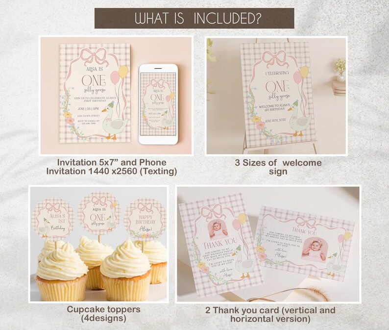 May include: A set of printable party decorations for a first birthday party. The set includes a 5x7 inch invitation, a phone invitation, a welcome sign in three sizes, cupcake toppers with four designs, and two thank you cards in vertical and horizontal versions. The theme is a pink and white gingham pattern with a cute duckling illustration.