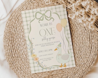 May include: A green and white gingham patterned invitation for a first birthday party. The invitation features a cartoon goose with a party hat and the text "Noah is One silly goose".