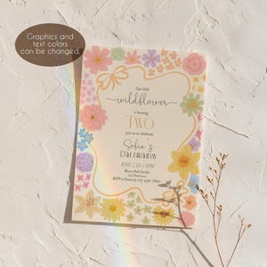 Puede incluir: Una invitaci&oacute;n de cumplea&ntilde;os para un segundo cumplea&ntilde;os con tem&aacute;tica floral. La invitaci&oacute;n presenta un borde colorido de flores y el texto "Nuestra peque&ntilde;a flor silvestre est&aacute; cumpliendo DOS. &Uacute;nase a nosotros para celebrar el 2&ordm; cumplea&ntilde;os de Sof&iacute;a. 2 de junio de 2023 | 16:00. Bloom Park Garden, 1234 Park Ave. RSVP a [email protected] antes del 27 de mayo de 2023."
