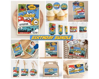 Superhero Birthday Invitation Bundle, Superhero Party Decorations, Heroes Birthday Invitation, Party Bundle, Comic Book Party Decor SH1