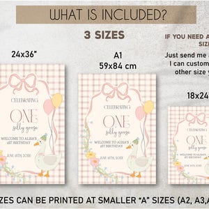 Plantilla de cartel de bienvenida de One Silly Goose, cartel imprimible rosa editable para el primer cumpleaños de una niña con temática de ganso, decoración para el primer cumpleaños de un ganso, S2 imagen 2