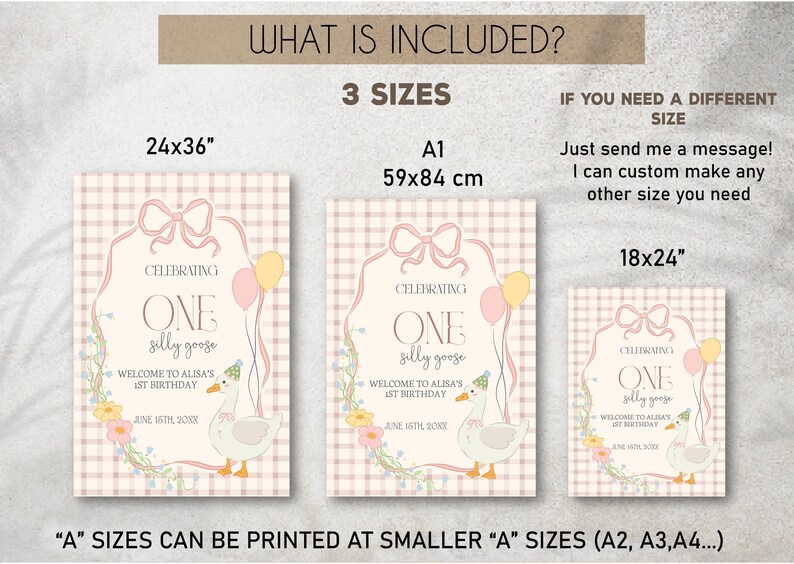 Plantilla de cartel de bienvenida de One Silly Goose, cartel imprimible rosa editable para el primer cumpleaños de una niña con temática de ganso, decoración para el primer cumpleaños de un ganso, S2 imagen 2