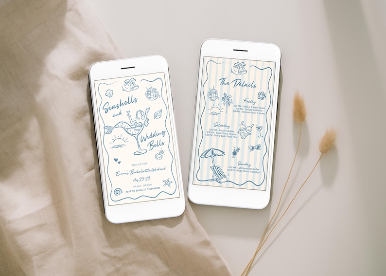 May include: Two white smartphones displaying blue line art wedding invitations. One phone reads "Seashells and Wedding Bells" with mermaid and seashell illustrations. The other phone shows event details with beach-themed icons. The phones rest on a beige fabric.