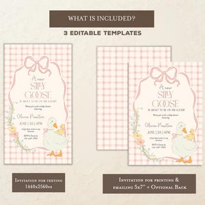 Op de afbeelding: Drie bewerkbare sjablonen voor een babyshower-uitnodiging. De uitnodiging heeft een roze en witte ruitjesachtergrond met een schattige illustratie van een gans en de tekst "Een nieuwe, dwaze gans is op komst!" De uitnodiging is verkrijgbaar in twee formaten: 1440x2560 pixels voor sms'en en 5x7 inch voor afdrukken.