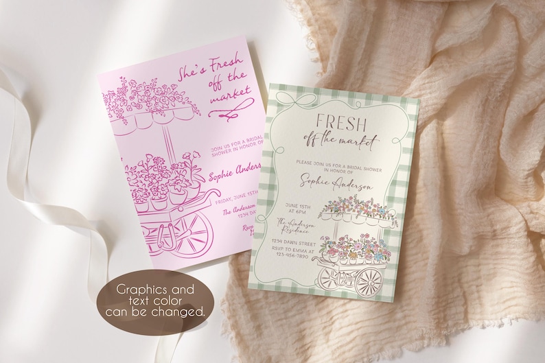 May include: Two invitation cards with floral cart illustrations. One card is pink with the text "She's Fresh off the market". The other card is green and white with the text "Fresh off the market". Both cards include event details.