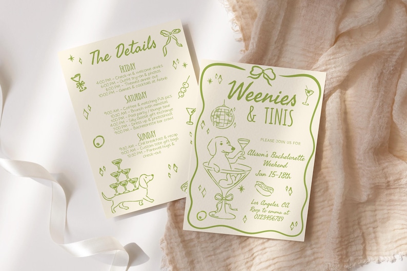 May include: Two cream-colored invitation cards with green line art. One card reads "Weenies & Tinis" with a dachshund in a martini glass. The other card lists event details. The cards are on a white surface with a ribbon and fabric.
