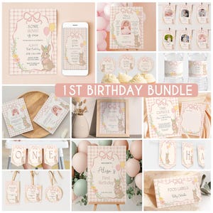 May include: A collection of party supplies for a first birthday, featuring a bunny theme. Includes invitations, banners, food labels, and a welcome sign. The color scheme is soft pink and beige with floral accents and the text "SOME BUNNY IS ONE".