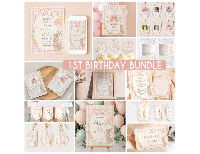 May include: A collection of party supplies for a first birthday, featuring a bunny theme. Includes invitations, banners, food labels, and a welcome sign. The color scheme is soft pink and beige with floral accents and the text "SOME BUNNY IS ONE".