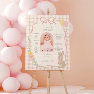 May include: A pink and white checkered poster with a photo of a baby girl in a white dress. The poster says "Alisa's first year" and includes details about the baby's height, weight, and number of teeth. The poster also features a cute bunny illustration.