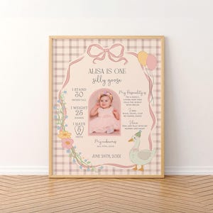 Puede incluir: Un fondo de cuadros vichy rosa y blanco con un borde floral. Una foto de una ni&ntilde;a peque&ntilde;a con un vestido rosa est&aacute; en el centro de la imagen. El texto "ALISA IS ONE silly goose" est&aacute; en la parte superior de la imagen. El texto "My personality is I'm a goofy, loving baby who fills the world with smiles" est&aacute; a la derecha de la imagen. El texto "I stand 30 inches tall, I weight 25 pounds, I have 5 teeth" est&aacute; a la izquierda de la imagen. El texto "My nickname is ALISA BEAR JUNE 26TH, 20XX" est&aacute; en la parte inferior de la imagen.