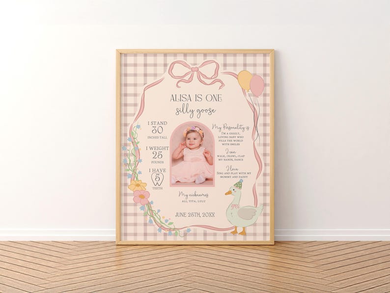 Puede incluir: Un fondo de cuadros vichy rosa y blanco con un borde floral. Una foto de una ni&ntilde;a peque&ntilde;a con un vestido rosa est&aacute; en el centro de la imagen. El texto "ALISA IS ONE silly goose" est&aacute; en la parte superior de la imagen. El texto "My personality is I'm a goofy, loving baby who fills the world with smiles" est&aacute; a la derecha de la imagen. El texto "I stand 30 inches tall, I weight 25 pounds, I have 5 teeth" est&aacute; a la izquierda de la imagen. El texto "My nickname is ALISA BEAR JUNE 26TH, 20XX" est&aacute; en la parte inferior de la imagen.