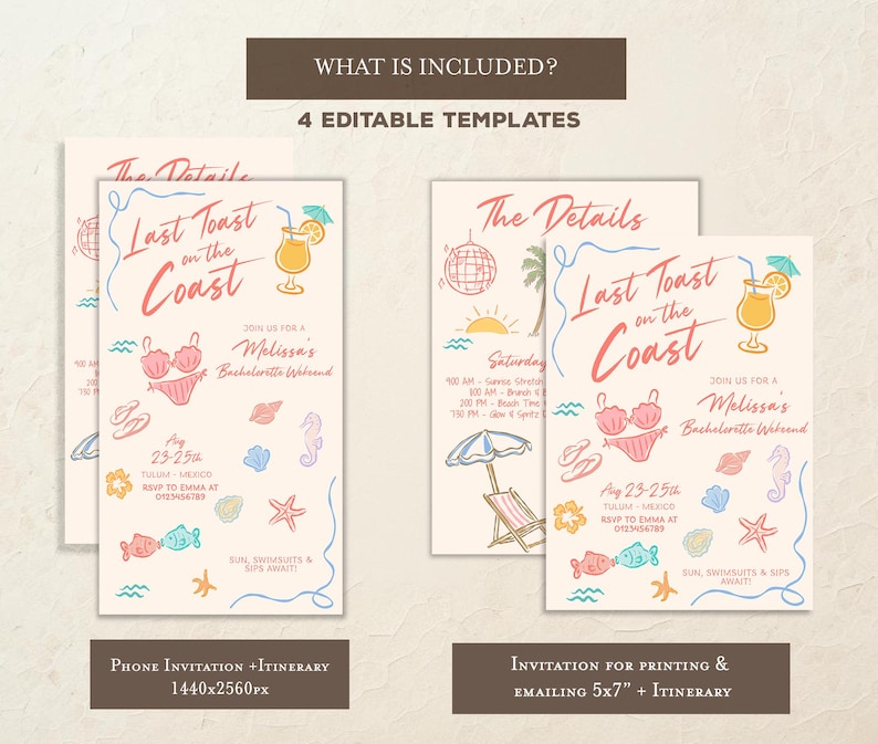 May include: Beach-themed invitation templates with the text "Last Toast on the Coast" in a playful font. The design includes illustrations of a cocktail, bikini, and beach elements. The invitation is for a bachelorette weekend.