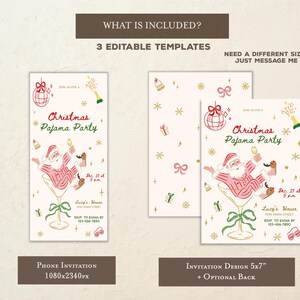 Op de afbeelding: Kerst Pyjama Party uitnodigingssjablonen. Het ontwerp toont de kerstman in een martini glas, met tekst en feestelijke illustraties. Inclusief telefoon- en 5x7 inch uitnodigingsontwerpen.