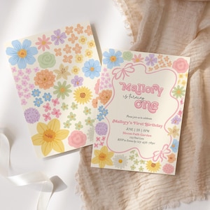 Invitación de cumpleaños floral editable con margaritas, invitación para el primer cumpleaños de nuestra pequeña flor silvestre, invitación de cumpleaños para preadolescentes, invitación de cumpleaños de niña con flores A4 imagen 2