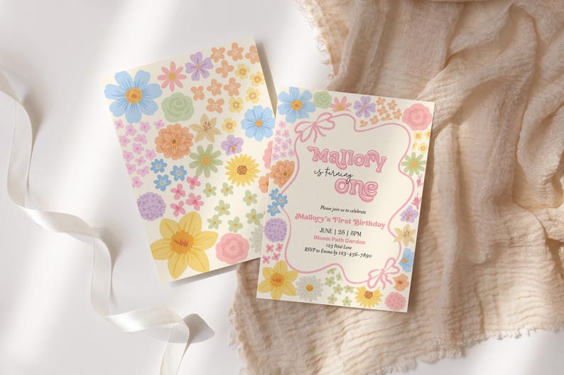 Invitación de cumpleaños floral editable con margaritas, invitación para el primer cumpleaños de nuestra pequeña flor silvestre, invitación de cumpleaños para preadolescentes, invitación de cumpleaños de niña con flores A4 imagen 2
