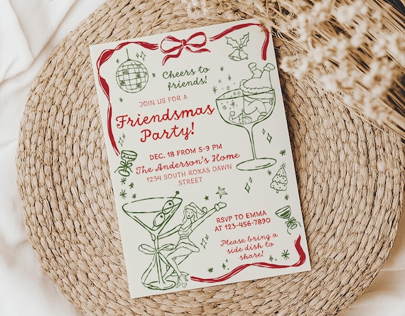 Friendsmas Christmas Party Invitation Template Whimsical Hand Drawn Festive Cocktail Xmas Holiday Invite, Cocktail Party, Friendsmas Invite