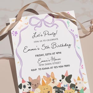 May include: A birthday party invitation with the text "Let's Pawty!" and "Emma's 5th Birthday." The invitation features a purple bow and ribbon design, paw prints, and illustrations of dogs wearing party hats. The RSVP information is included.