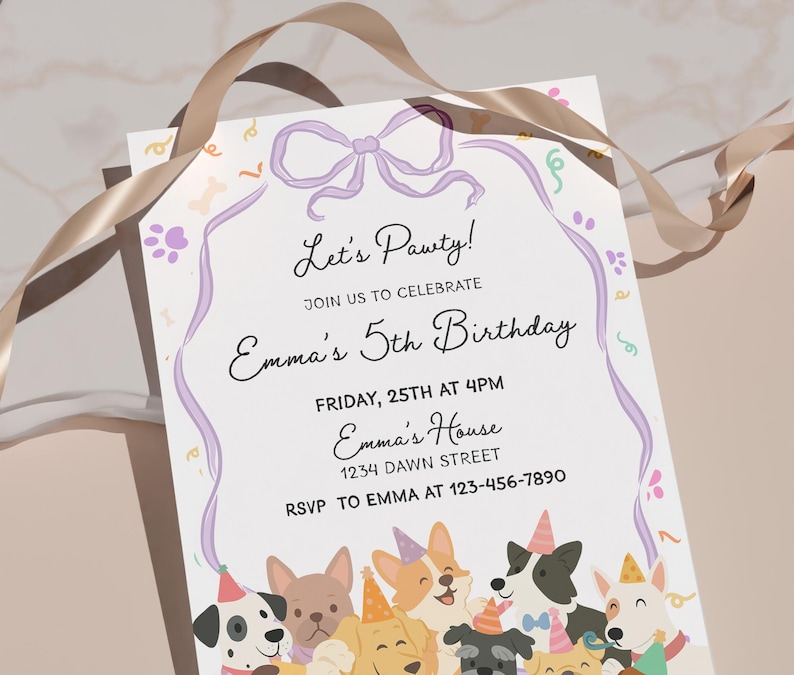 May include: A birthday party invitation with the text "Let's Pawty!" and "Emma's 5th Birthday." The invitation features a purple bow and ribbon design, paw prints, and illustrations of dogs wearing party hats. The RSVP information is included.