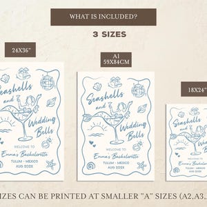 May include: Three sizes of a light beige print with blue line art. The design features a mermaid in a cocktail glass, seashells, and the text "Seashells and Wedding Bells". The print is for Emma's Bachelorette in Tulum, Mexico.