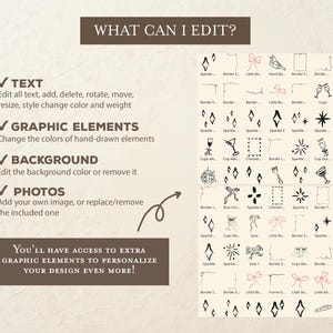 May include: A graphic showing editable elements for a digital design template. The text "WHAT CAN I EDIT?" is at the top of the image. The image shows editable elements such as text, graphic elements, background, and photos. The text "YOU'LL HAVE ACCESS TO EXTRA GRAPHIC ELEMENTS TO PERSONALIZE YOUR DESIGN EVEN MORE!" is at the bottom of the image.