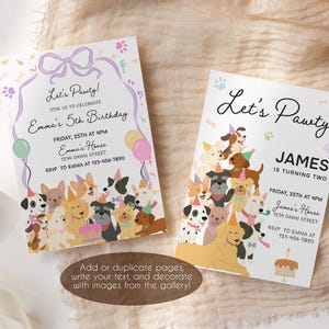 May include: Two birthday party invitations with the text "Let's Pawty!" and "Let's Pasty!" featuring illustrations of various dog breeds. One invitation is for Emma's 5th birthday, and the other is for James's second birthday.