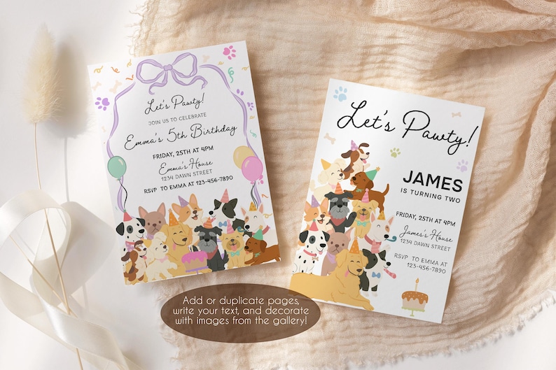 May include: Two birthday party invitations with the text "Let's Pawty!" and "Let's Pasty!" featuring illustrations of various dog breeds. One invitation is for Emma's 5th birthday, and the other is for James's second birthday.