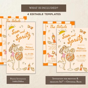 Puede incluir: Cuatro plantillas editables para una invitaci&oacute;n a una despedida de soltera. La invitaci&oacute;n presenta una ilustraci&oacute;n de dibujos animados de una mujer sosteniendo una copa de spritz con el texto "Sun and Spritz" en un estilo retro. La invitaci&oacute;n es de color naranja, amarillo y blanco.